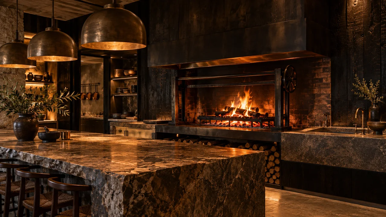 Art direction for the new site: a warm, fire-lit hearth with copper pendants and a stone counter