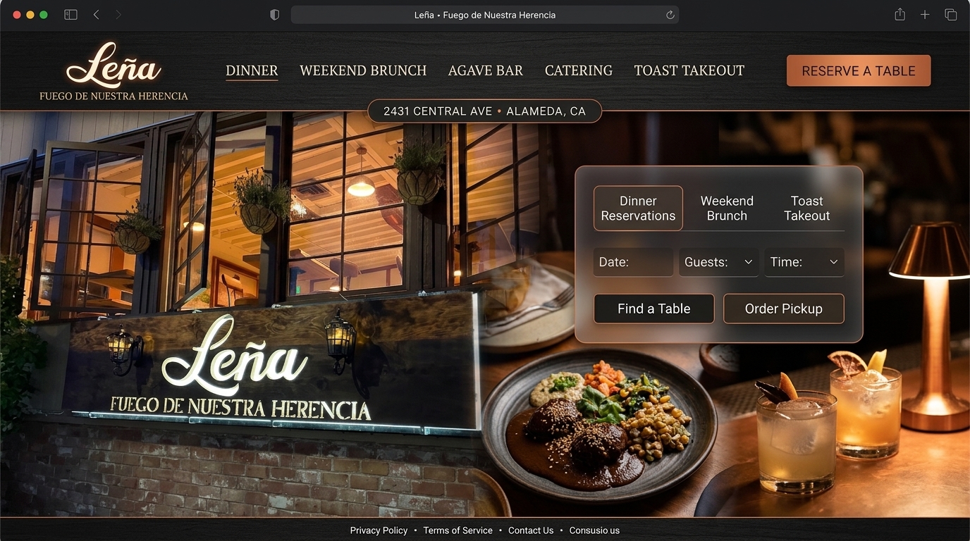 Concept homepage for Leña Restaurant with dinner, brunch, agave bar, catering and Toast takeout navigation